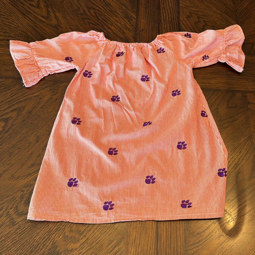 CLEMSON Size 3 orange and white gingham with purple tiger paws dress